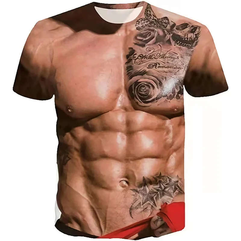 Funny Muscle Men Cosplay Costume T-shirt Musclar Fake Chest Graphic T Shirt for Men Clothing Fashion Streetwear Kid Short Sleeve