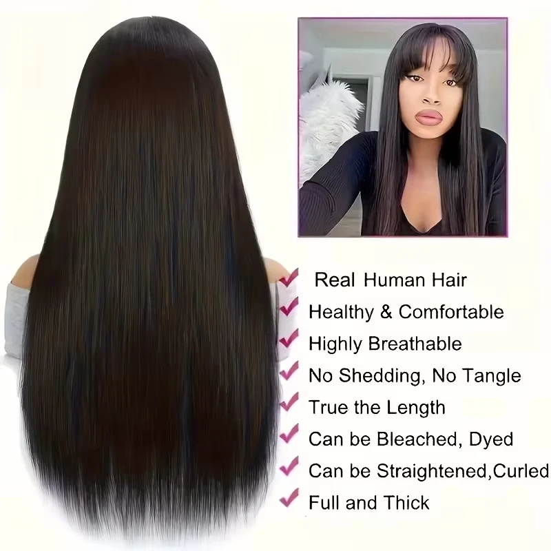 3x1 Middle Part Lace Wig Bone Straight Human Hair Wig With Bangs Cheap Wigs Full Machine Made Fringe Glueless Wigs for Women