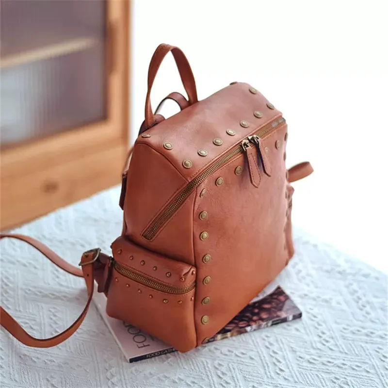 Fashion vintage designer handmade genuine leather women's backpack outdoor travel natural real cowhide female rivet bookbag