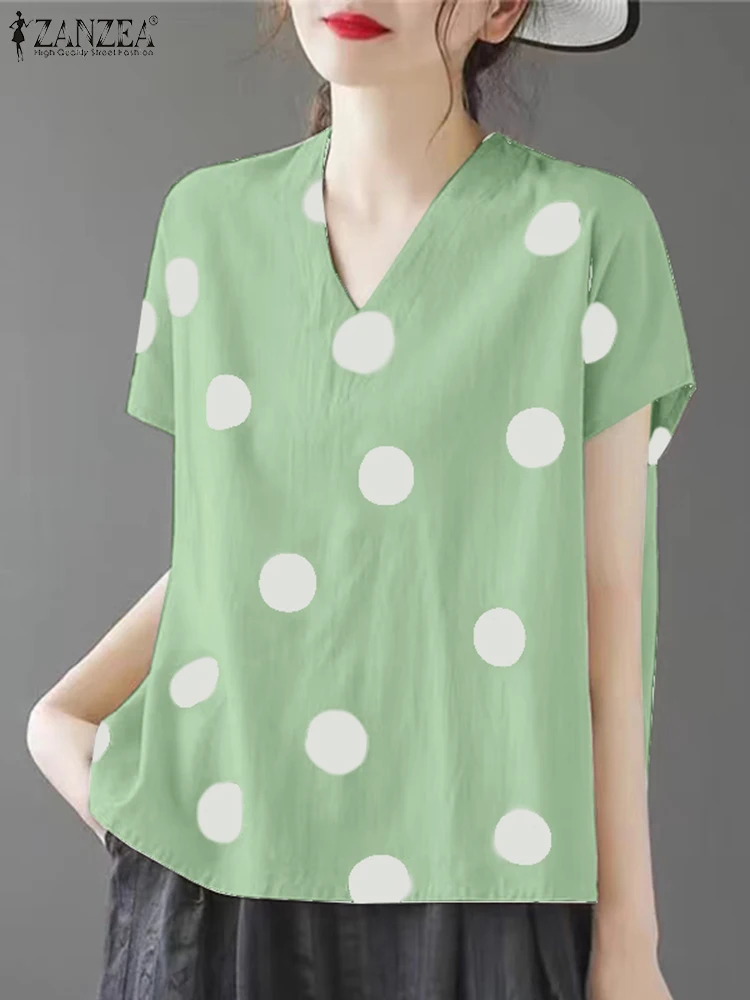 ZANZEA Korean Women Polka Dot Blouse Summer Loose V-Neck Short Sleeve Tops Shirt 2024 Fashion Casual Tunic Daily Simple Bluasa