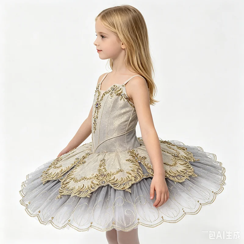 Womens V Neck Ballet Tutu Performance Dress 3D Gold Edge Scroll Rhinestone Embroidery Petal Layered Trim Gold Gray Gradient Glit