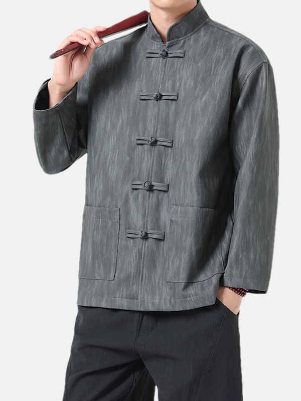 

Leather Jaet Men's Casual Long Sve Stand Collar Chinese Sle Vintage Tang Costume Coat Youth Wear Autumn Season