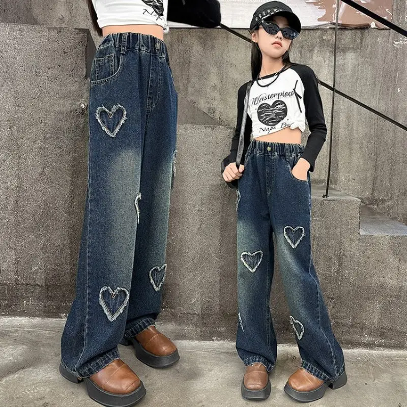 Child Retro Blue Heart Jeans For Girl Fashion Staight Cut Denim Pants Teenager Kids Casual Regular Jeans Trousers 5 7 9 11 13 14