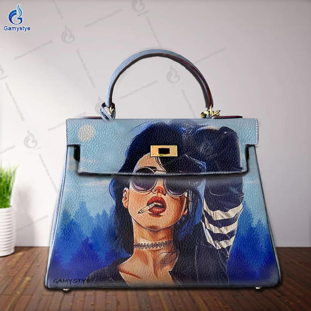 

Women'S Fashion Bags Luxury Designer Brands Messenger Bag Cool girl avatar print 100% Really Cow LeatherHand Draw Customize Art