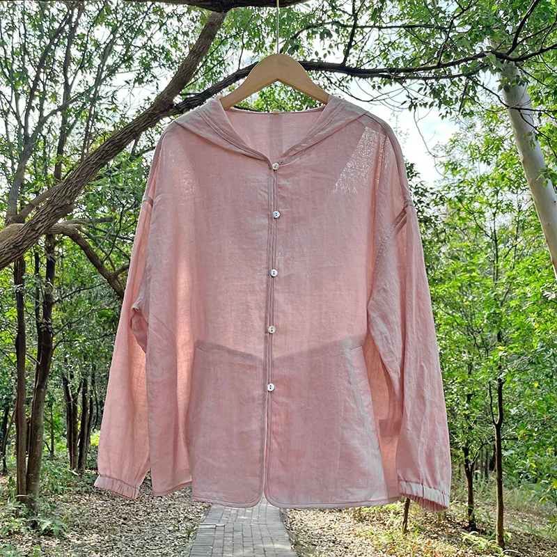 

100% Ramie Women Long Sleeve Hooded Shirt New Arrival 2025 Spring Simple Style Solid Color Loose Female Casual Tops Shirts M1412