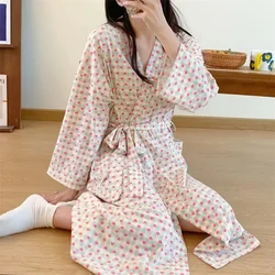 Long sleeve Nightgown Women Japanese Spring and Autumn Kimono Bathrobe Mid-Length Sweet and Cute Plaid Little Love Homewear N...