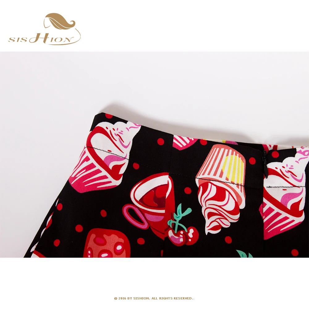 SISHION falda Sexy de verano con estampado de cereza negra para mujer SS0008 minifaldas Retro Vintage de cintura alta con lunares y magdalenas de los años 50 y 60