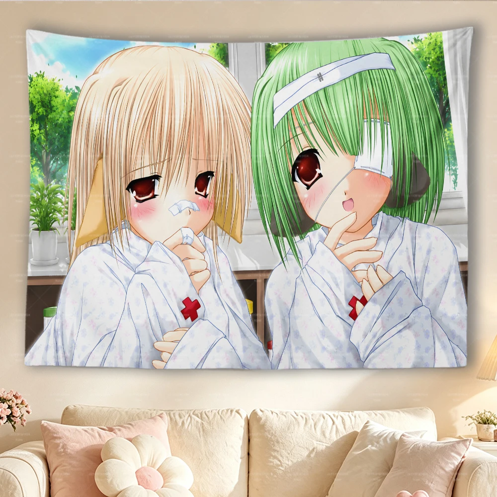 Anime Two Girls Hospital Gown Tapestry, Bandage Eyepatch Manga Character Wall Hanging, Pastel Window Scenery Cloth Poster, Otaku