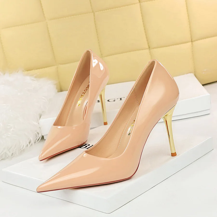 

Fashion Simple Metal Super Shallow Mouth Pointed Shiny Lacquer Leather High Heel Shoes Women's Single Women Pumps туфли женские