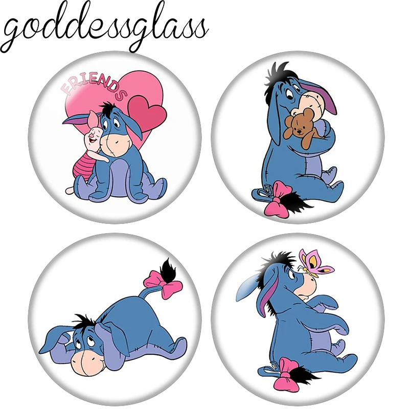 Pooh Friends Eeyore Cartoon Donkey 10 Stück runde 12 mm/18 mm/20 mm Fotoglas-Cabochons mit flacher Rückseite zur Herstellung von Schlüsselanhänger-Schmuck