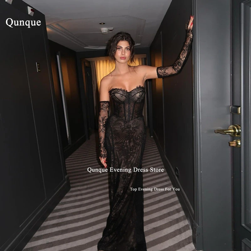 

Qunque Sweetheart Mermaid Evening Dresses Detachable Sleeves Lace Party Dress Women Elegant Corset Back Abendkleid Customized