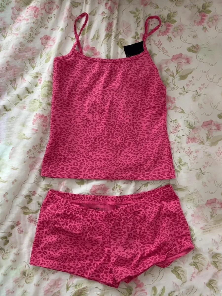 

Pink Leopard Vest Shorts Set Women Summer Slim Camisole+low Waist Short Pant Casual Sweet Cotton Home Pajama 2 Piece Sets Y2k