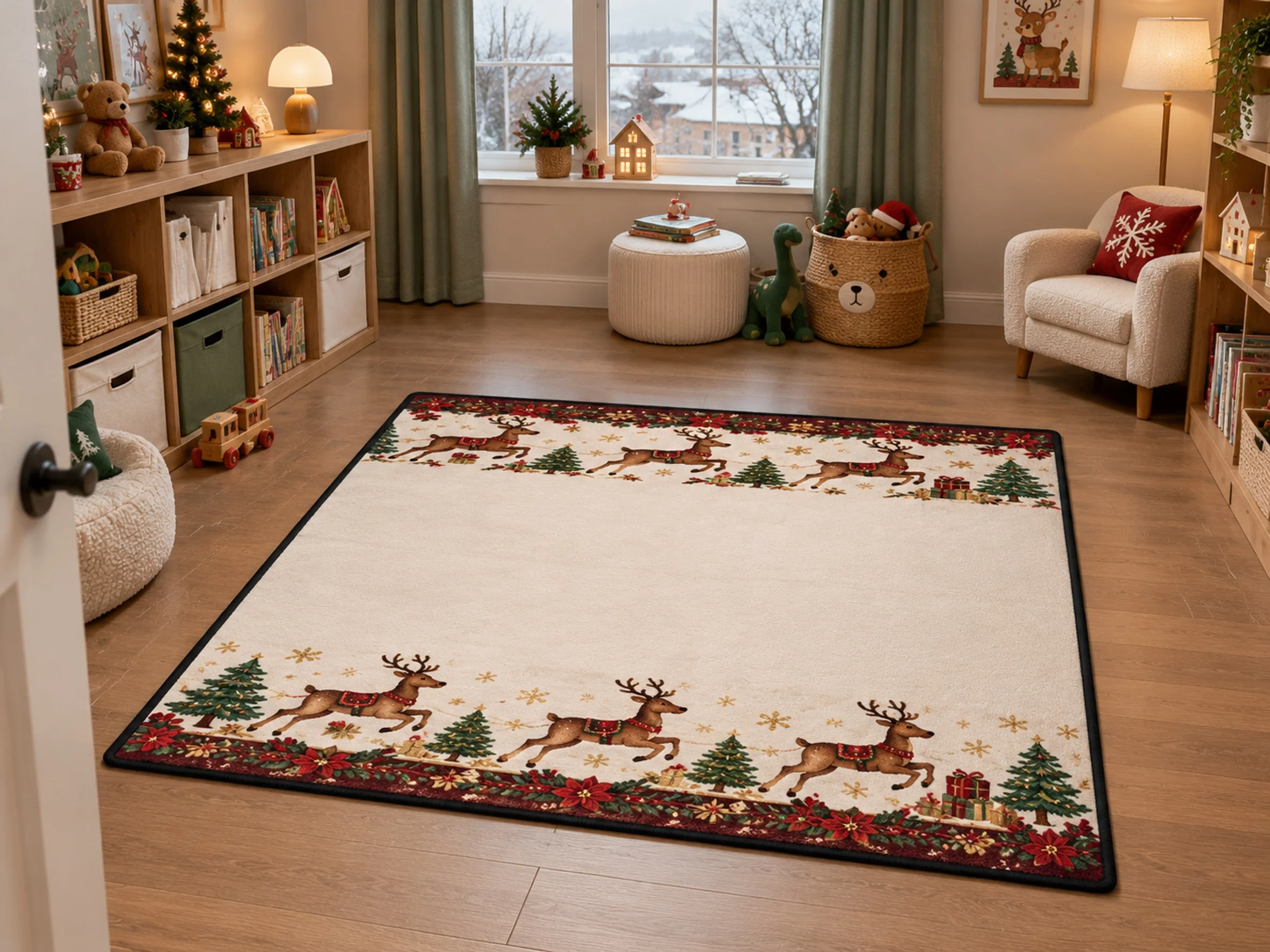 VIKAMA Christmas Burgundy Gold Reindeer Flannel Door Mat, Quick Dry Non-Slip Floor Mat, Xmas Decor for Laundry, Playroom