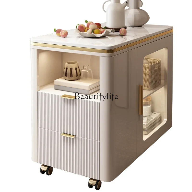 

ls 27A few tea cabinets by the sofa, light luxury rock slab tea making, movable tea table in the living room