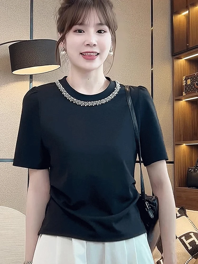 Camiseta holgada con adornos de diamantes redondos Ne ort Sve adelgazante Faionable coreano Sle viaje viento novedad de verano llegada
