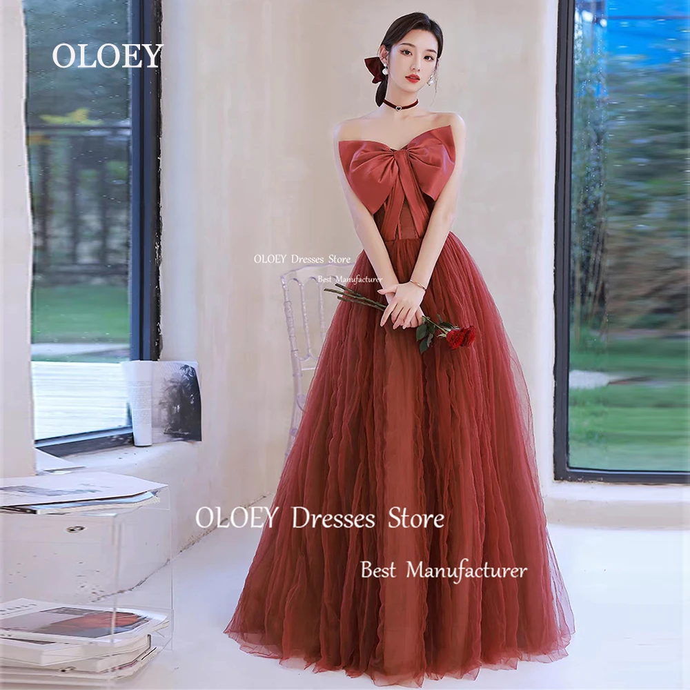 OLOEY-Vestido sem alças de tule com arco, até o chão, vestido de casamento, vestido formal elegante, personalizado, ensaio fotográfico coreano