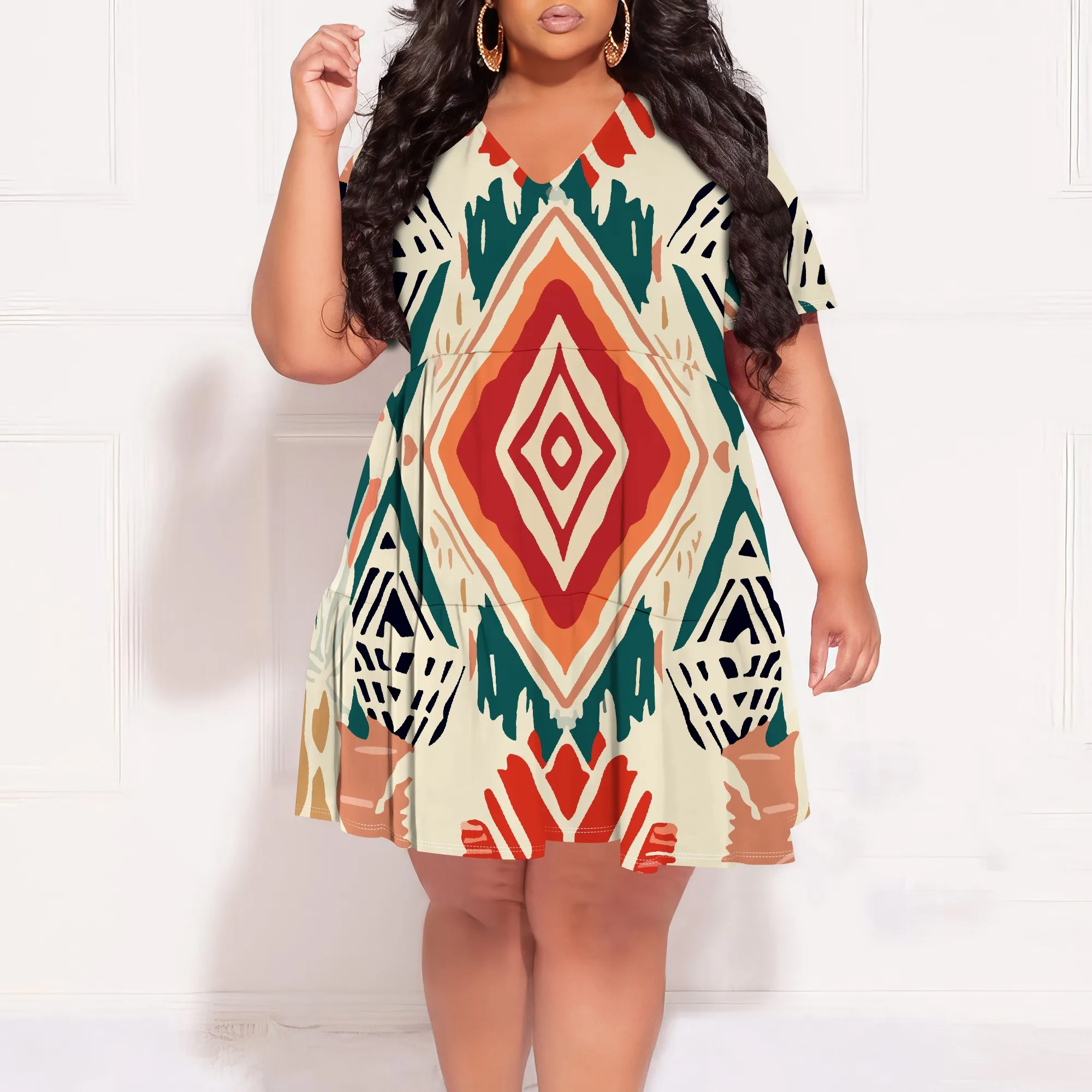 

Women's Pullover Sexy V Neck Short Sleeve Loose Dress for Women Fashion Printed Summer Casual Mini Dresses