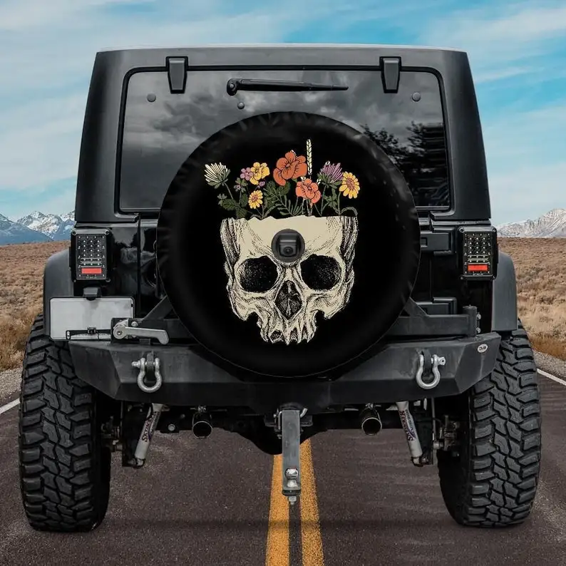

Spare Tire Cover, Floral Skull Tire Cover , Backup Camera Hole Tire Cover, Retro Skull Tire Cover with flowers, Skull Car Access