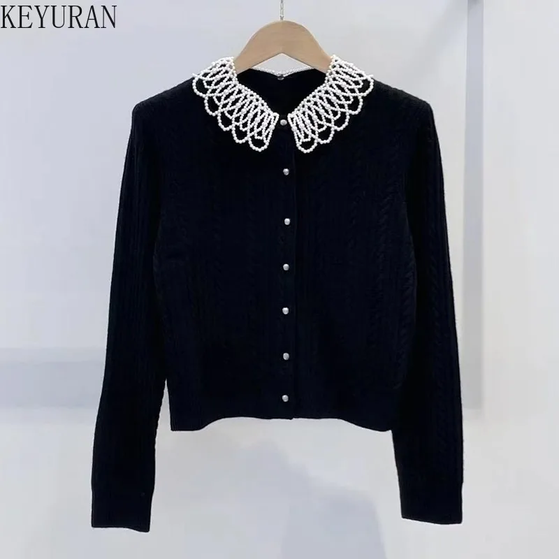 

Милый свитер с кукольным воротником из бисера, женский элегантный модный шикарный черный витой вязаный открытый кардиган с длинными рукавами, топы, женские джемперы