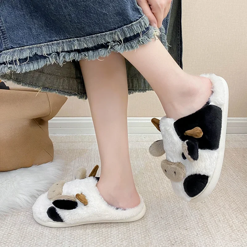 New Winter Unisex Cartoon Cow Warm Plush Slippers Couple's Indoor  House Slides Men And Women Toe Wrap Home Cotton Shoes