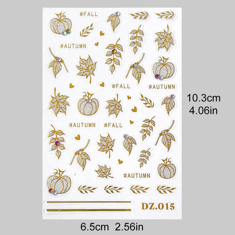 2 stücke Gold Glitter Herbst Kürbis Blatt Nagel Aufkleber 3D Nagel Aufkleber Herbst Ahorn Blätter Herz Design Nail art Dekorationen maniküre – Detail 7