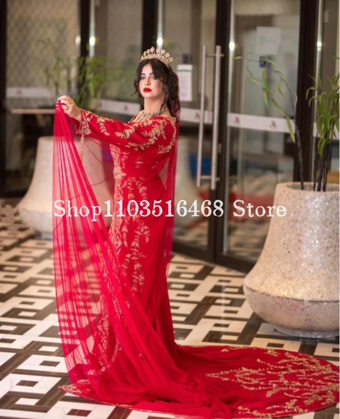 Luxury Red Middle East Evening Gowns Elegant V-Neck Long Sleeve Lace Beauty Applique Long Custom Bridal Gowns فساتين سهرة