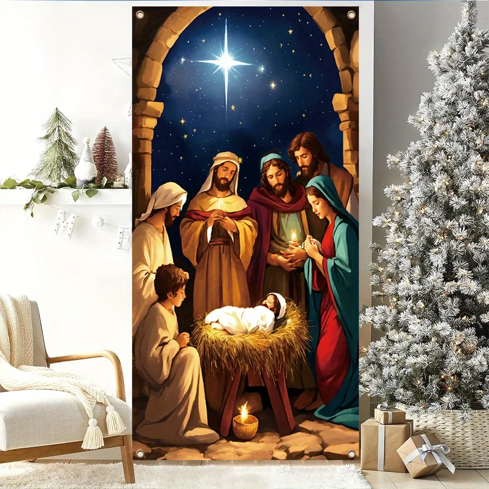 Merry Christmas banner with Shining stars Nativity scene - durable polyester, front door decoration and New Year celebration