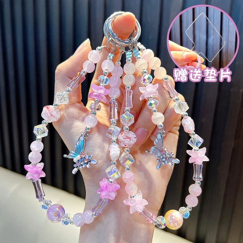 

Y2K Trendy Butterfly Pendant Phone Lanyard Wristband Stylish Beaded Chain Keyring Sweet Anti-lost Strap Camera Charm For Girls