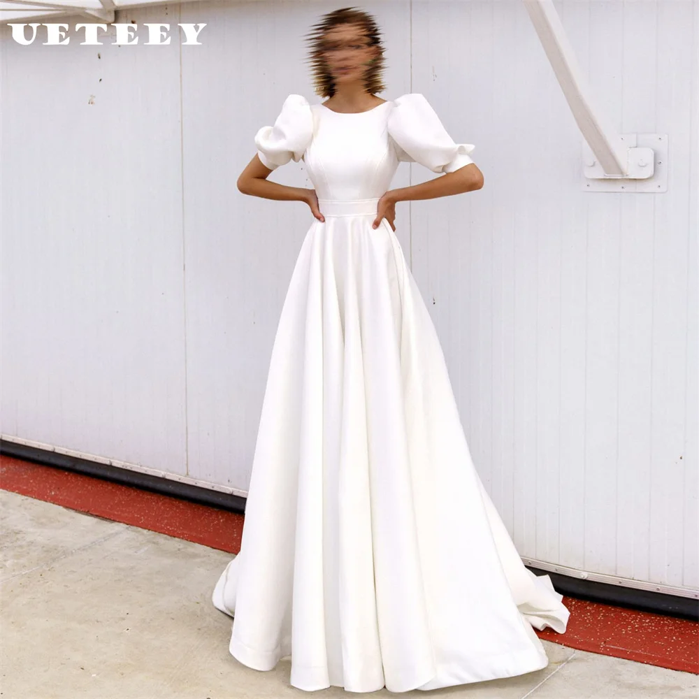 

UETEEY Customized O Neck Half Puff Sleeves Crepe A Line Wedding Dress Women Simple Button Cut Out Back Court Train Bridal Gown