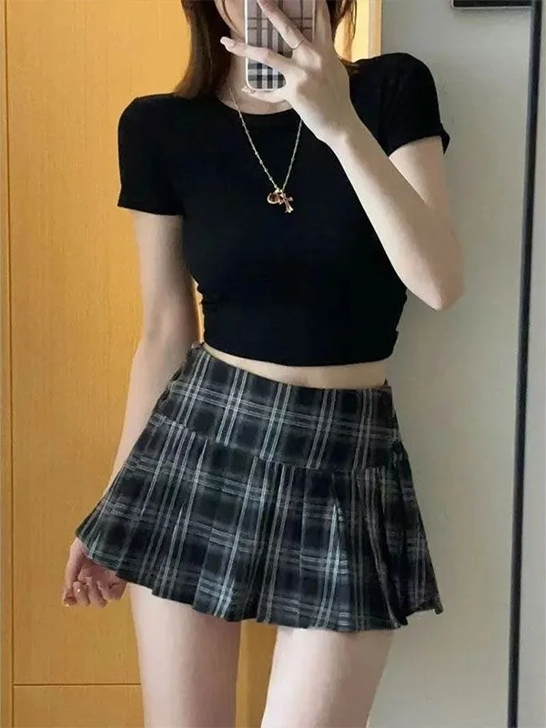 

Low Waist Plaid A-Line Skirt Women's Winter Outerwear Pleated Slimming Skirts Casual Sle PU Leather Non-Stretch