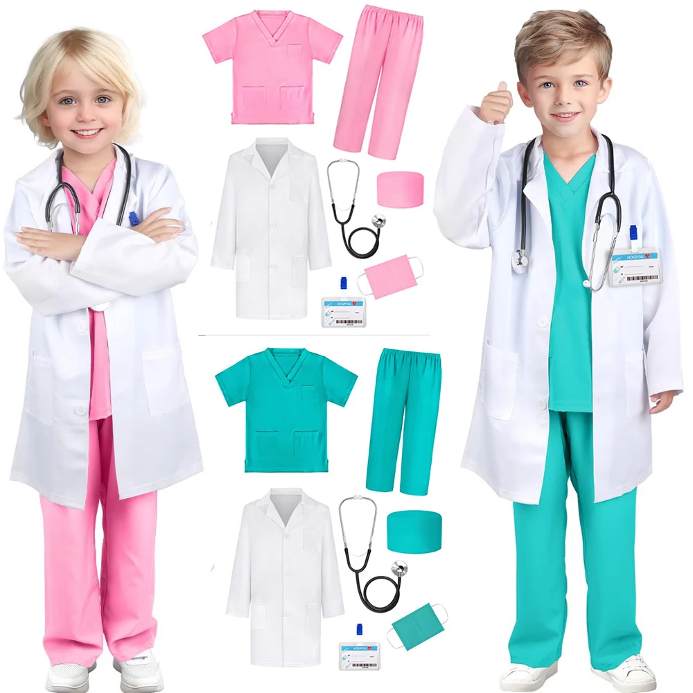 Boys Girls Simulation Doctor Nurse Work Uniform Cross with Toys Sets Kids Clothes Toddler Christmas Xmas Role Play Costum Party