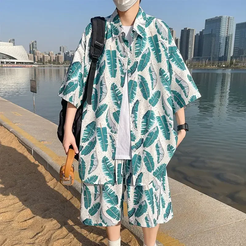 Blue White Palm Trees Beach Shirts Two Piece Sets for Men Summer Loose Oversized Flower Blouse and Pants Hawaiian Beach Clothing