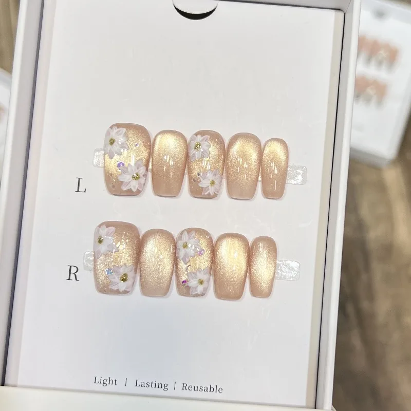 

10Pcs Handmade Nail Minimalist Glass Bead Cat Eye with Hand-Painted Floral Design Press-On Nail Tips Perfect for Gift To Women