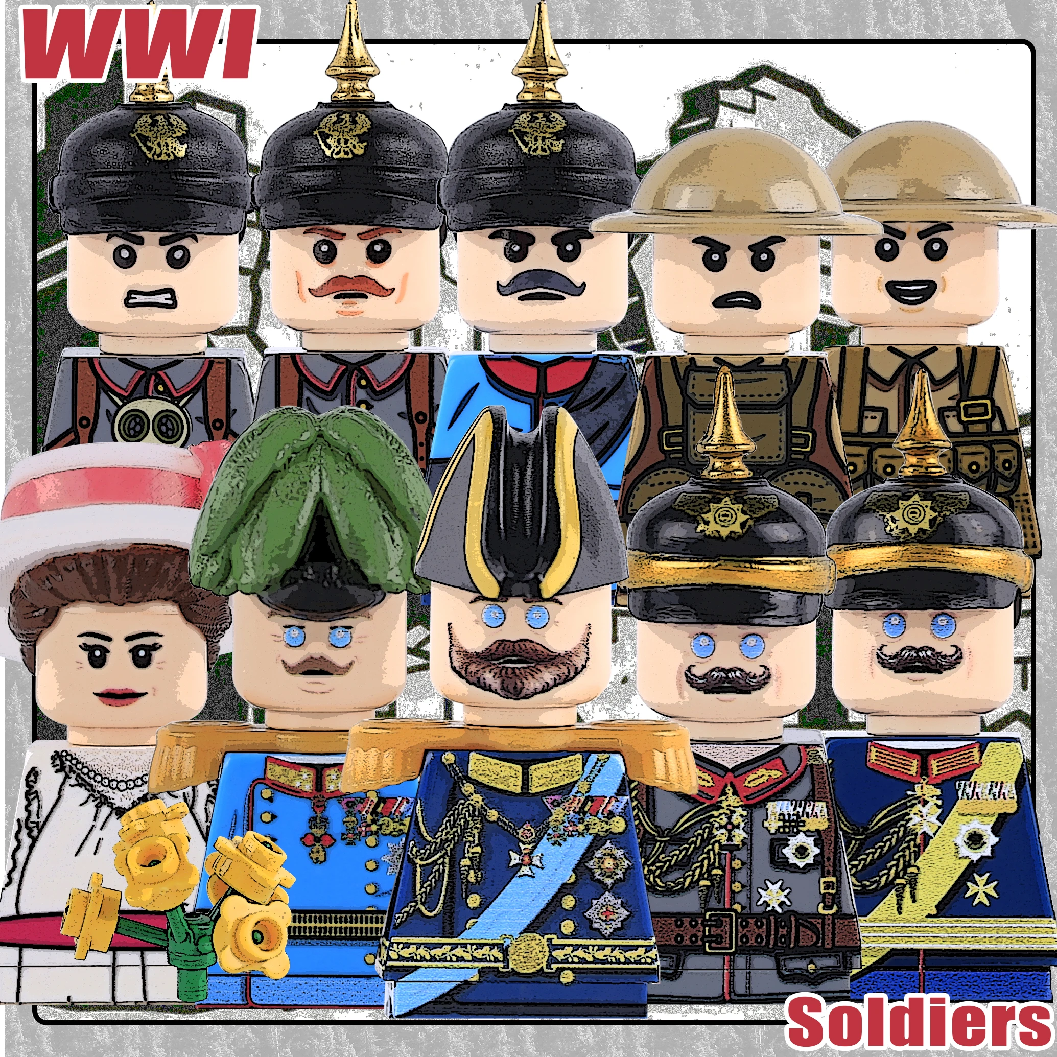 

Конструктор MOC: Фигурки немецких прусских солдат Первой мировой войны, армейские шлемы, шляпы офицеров Прусии, оружие, пистолет PPSH, кирпичики, игрушки, подарок для детей