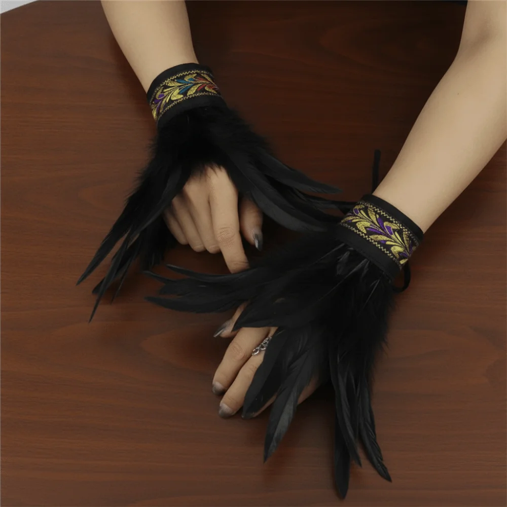 1 Piar Gothic Halloween Carnival Feather Wrist Cuff Embroidered Band Adjustable Straps Feather Bracelet Unisex Wrist Sleeves