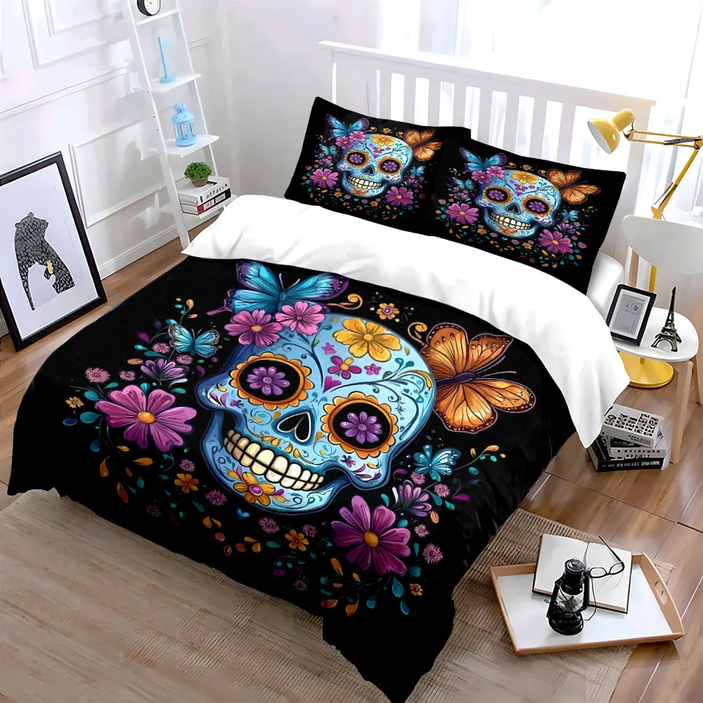 Painted skull with butterflies and flowers Print Bedding Set 1 Duvet Cover 2 Pillowcases for Adult and Children Luxury Gift