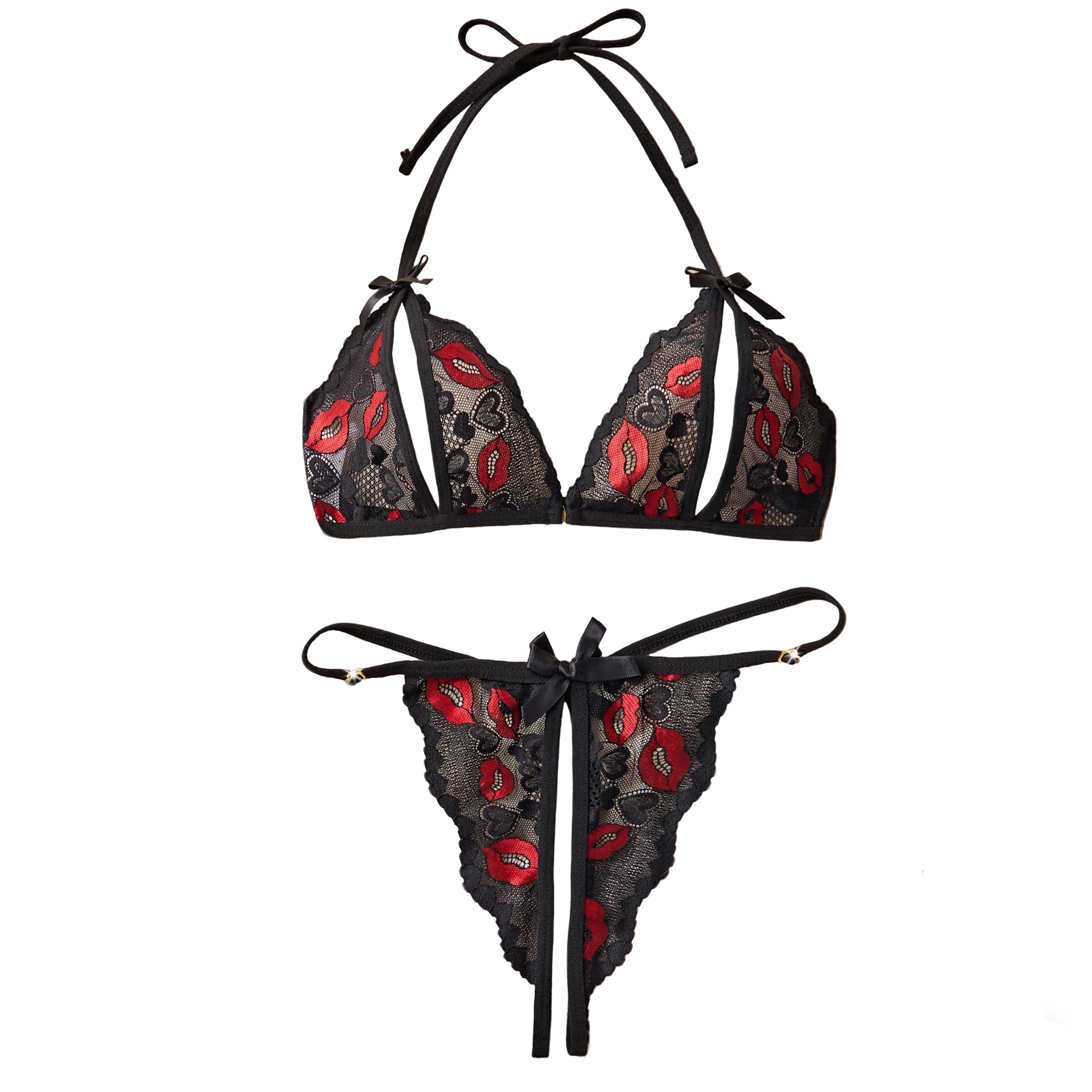 Romantic Sleepwear Women Hollow Lace Halter Bra And G-String Underpants 2pcs Sets Printed Croped Elegant Underwear Dating Gift