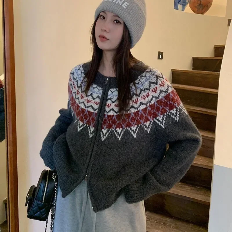 

Retro Round Neck Jacquard Zipper Knit Cardigan for Women's Spring and Autumn Sweater Jacket