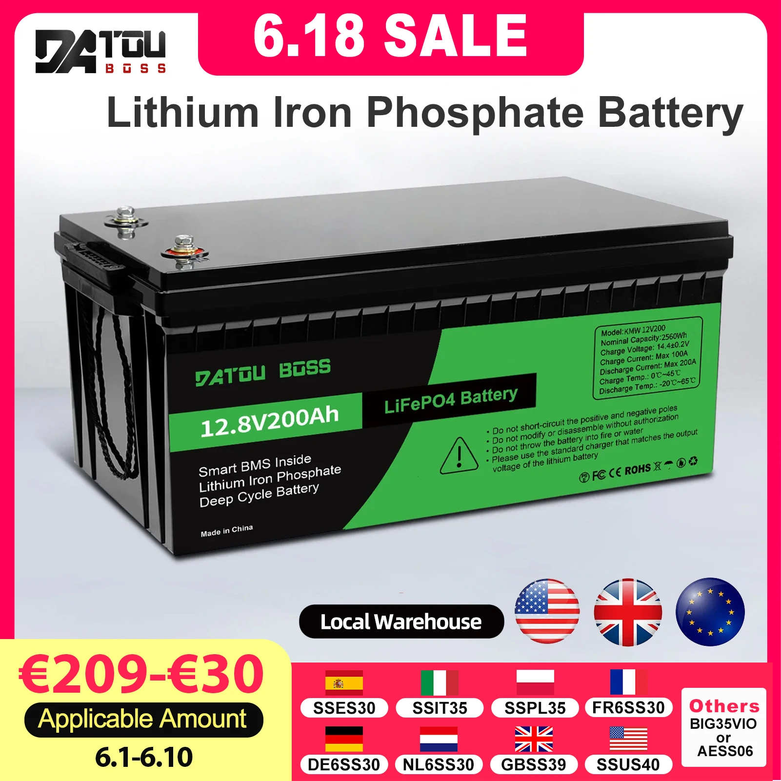 DATOUBOSS 12V Lithium Battery 200AH Nominal Capacity 2560W LiFePO4 Battery With BMS  Solar Portable Rechargeable Deep Cycle
