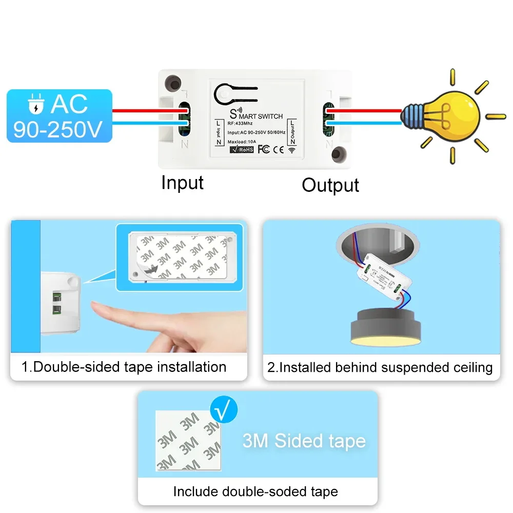 RF 433Mhz Light Switch Round 10A Wireless Panel Mini Switch Remote Control Relay Receiver Module Transmitter For Bedroom