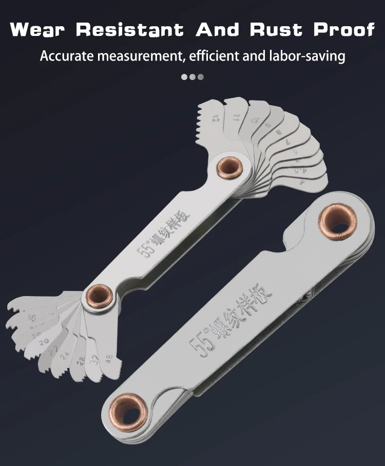 20 Stück Zoll 55 ° / Metrisch 60 ° Gewindesteigungsschneidemessgerät-Set, Edelstahl-Steigungslineal, Messwerkzeuge, einteilige Gewindeproben – Detail 3
