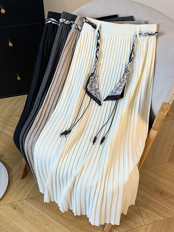 Falda Midi de punto suave de cintura alta para mujer Otoño Invierno nueva falda Maxi plisada de mezcla de algodón versátil adelgazante