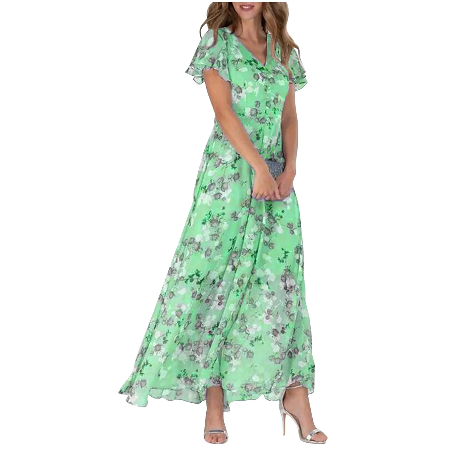 Frauen kleider übergroße Chiffon Blumen Midi Kleid Sommer neue Boho Robe elegante Kurzarm koreanische Rüschen V-Ausschnitt Vestidos