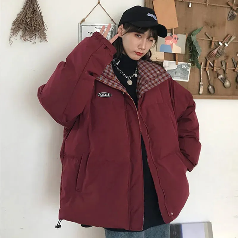 2022 New Winter Korean Version Loose Add Thick Student Down Cotton Coat Claret Padded Jacket Bread Padded Clothes Women's Coat