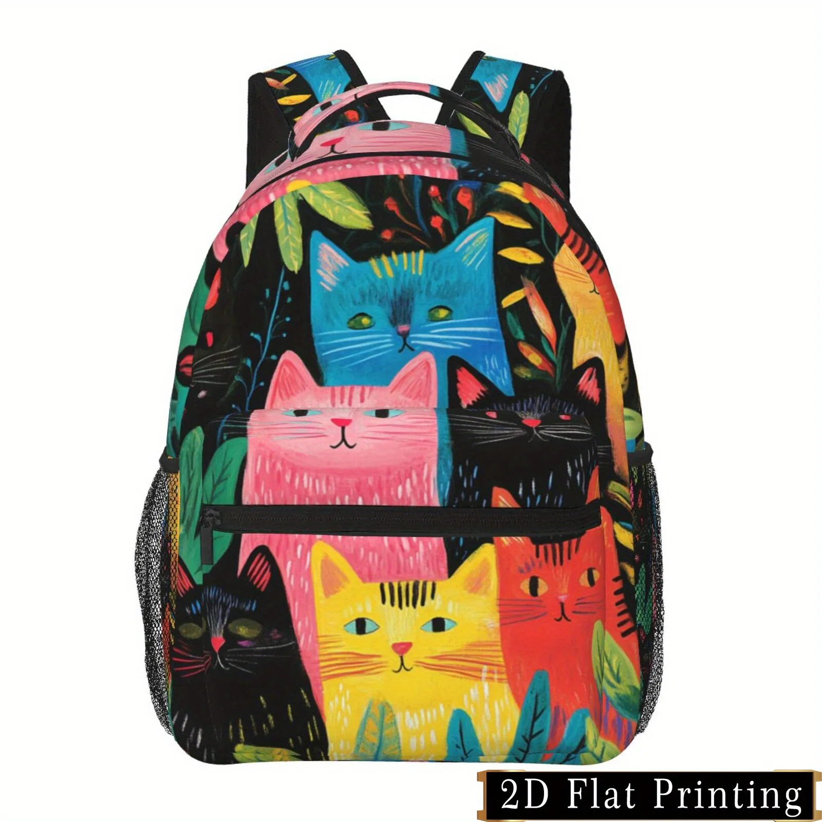 Distortion Effect Picture Abstract Colorful Cat Print Pattern Shoulder Strap and Waist Protection Design Backpack Fashionable
