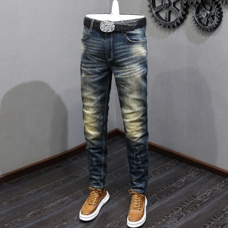 Fashion Designer Men Jeans High Quality Retro Washed Blue Stretch Slim Fit Ripped Jeans Men Slevedge Vintage Denim Pants Hombre