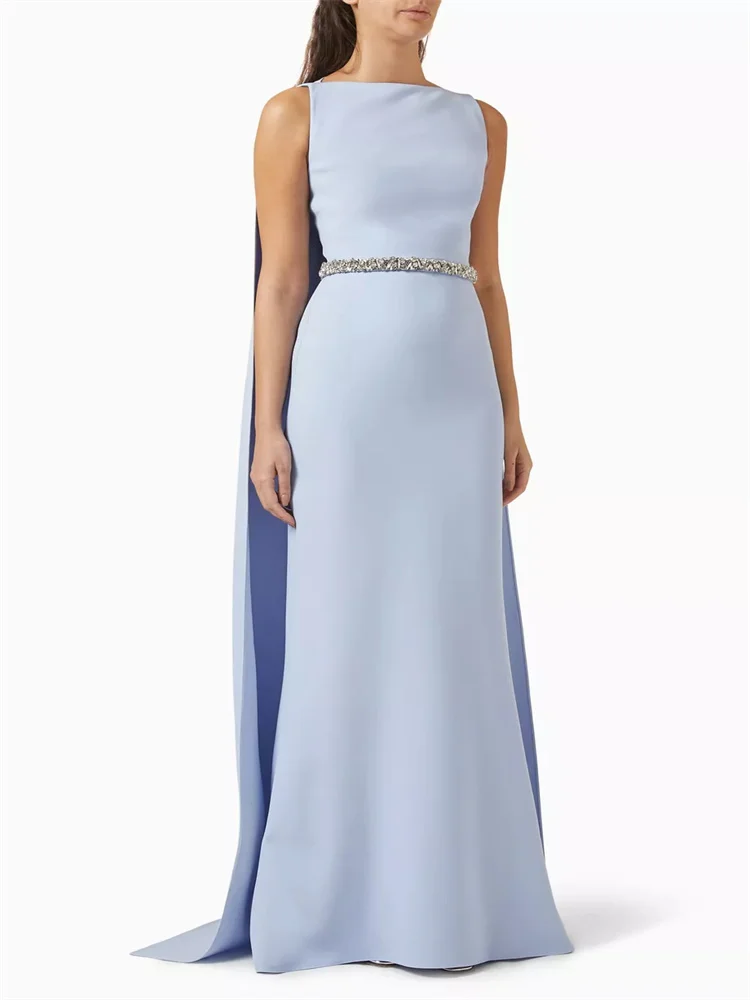 

Customized Crystal Trim Cape Evening Gown Sleeveless Straight Neckline Crystal Trim At Waist Cape Dress With Slit At Back