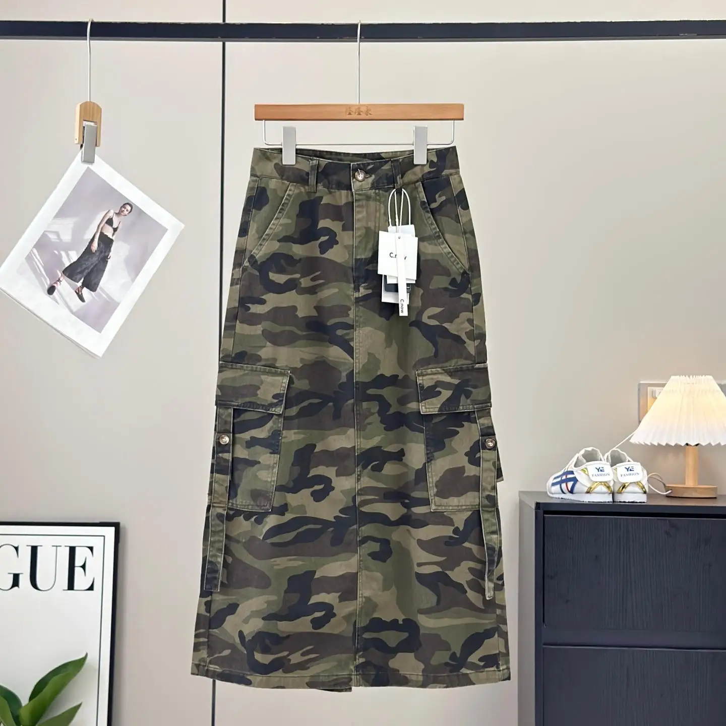 American Retro Work Skirt Spring Summer Multi Pocket Camouflage A-Line Midi Length Denim Half Skirt High Waist Cotton Straigh...