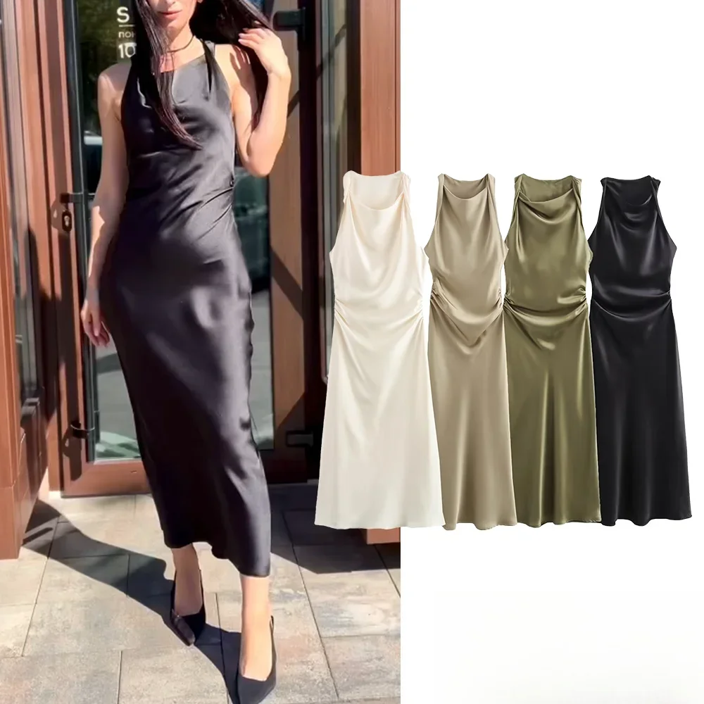 KONDALA Women Elegant Long Dress Satin Midi Dress Backless Long Dress Fashion 2025 Spring Autumn Chic Party Evening Date Dress