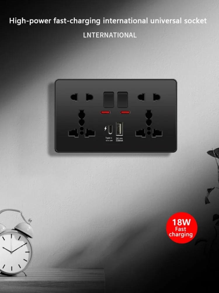 18W Type-C Plug Quick Charging Universal 5-pin Dual Power Socket,UK Standard 13A Wall Socket with DC 5V 3.1A Type-c USB Charger